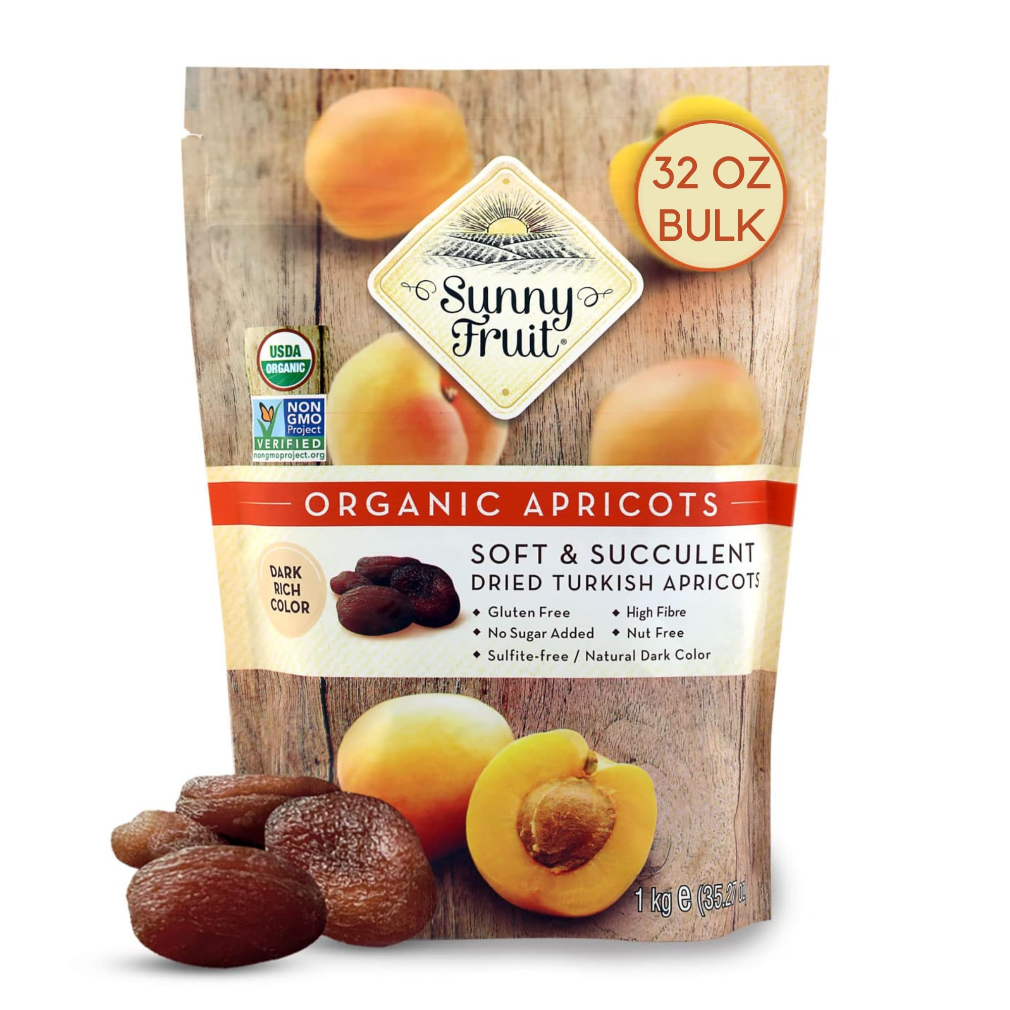 ORGANIC Turkish Dried Apricots - Sunny Fruit - 32oz Bulk Bag | Purely Apricots - NO Added Sugars, Sulfurs or Preservatives | NON-GMO, VEGAN, HALAL & KOSHER