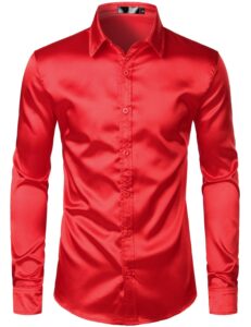 zeroyaa men's luxury shiny silk like satin button up dress shirts zlcl14-red medium