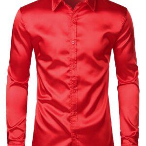 ZEROYAA Men's Luxury Shiny Silk Like Satin Button Up Dress Shirts ZLCL14-Red Medium