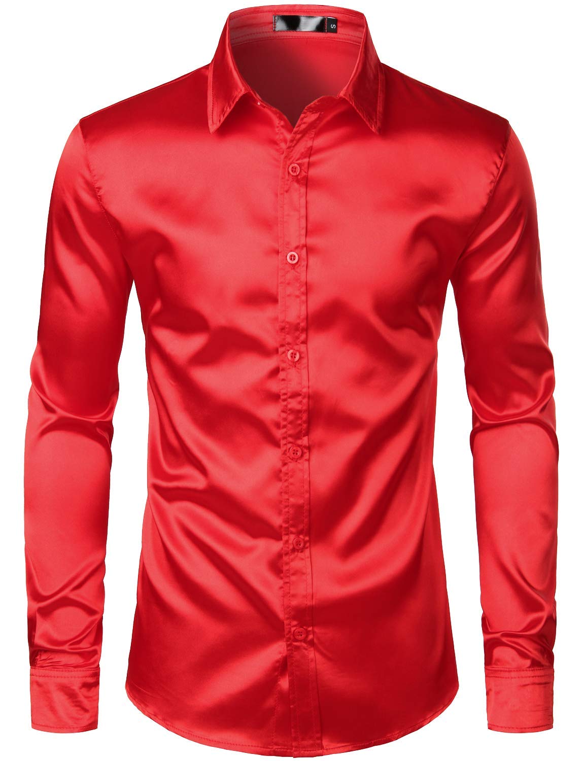 ZEROYAA Men's Luxury Shiny Silk Like Satin Button Up Dress Shirts ZLCL14-Red Medium