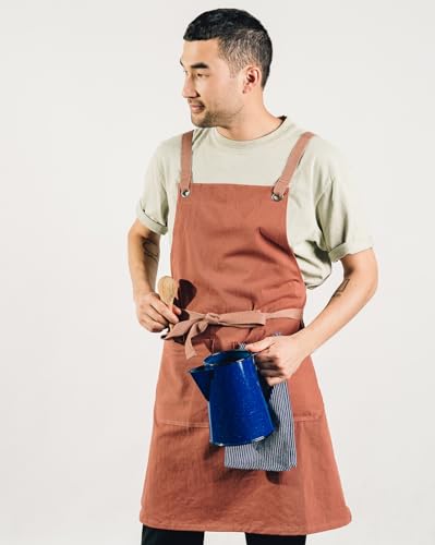 Caldo Crossback Kitchen Apron for Cooking - Mens and Womens Professional Chef or Server Bib Apron - Adjustable Crossback Style - Rustic- Midweight Cotton (Terracotta)