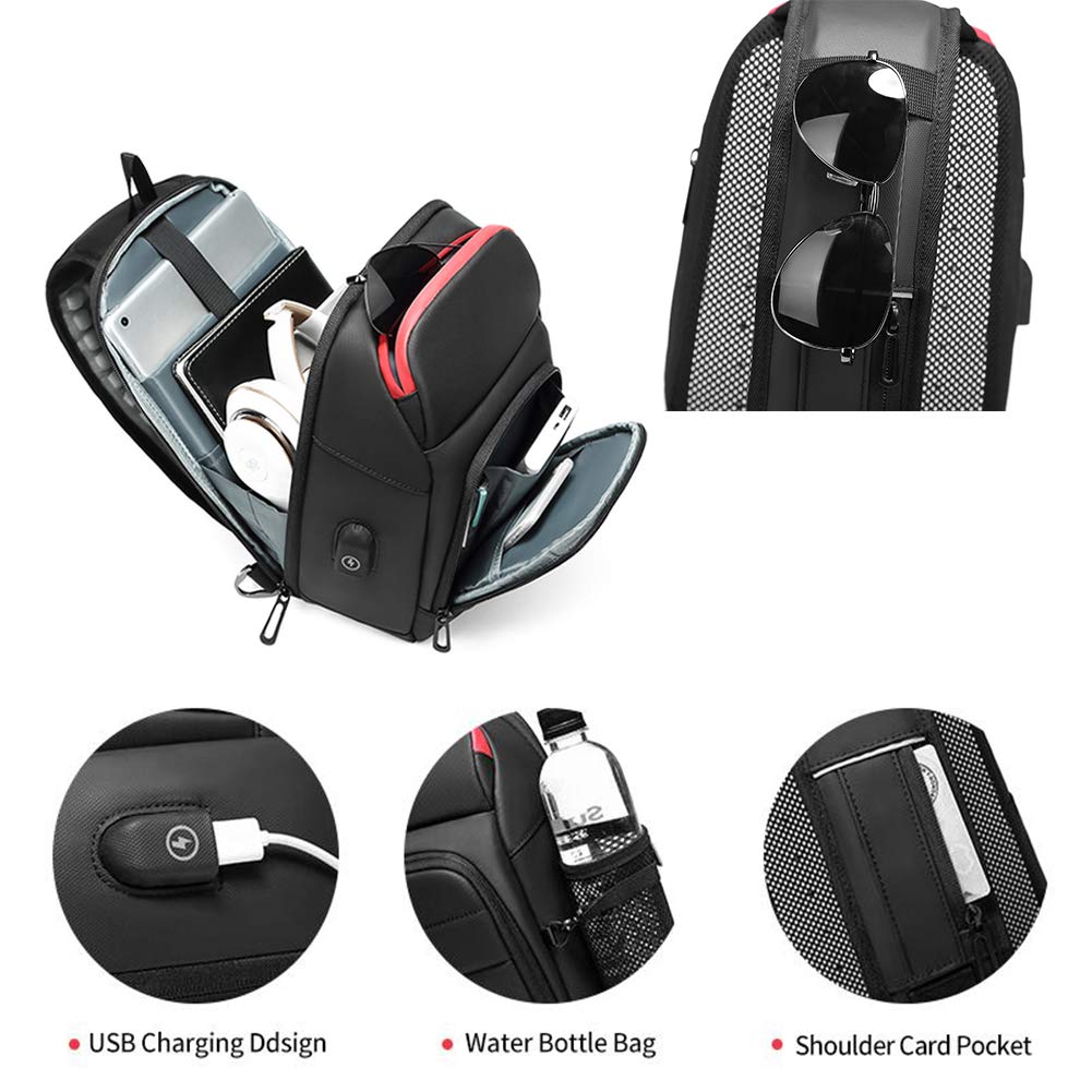 Sling Bag for Men Chest Pack Bag Shoulder Crossbody Backpack Waterproof Small Travel Hiking Multipurpose Daypack with USB Charging Port