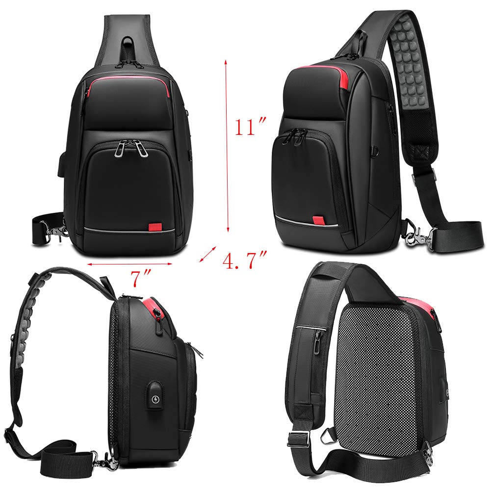 Sling Bag for Men Chest Pack Bag Shoulder Crossbody Backpack Waterproof Small Travel Hiking Multipurpose Daypack with USB Charging Port