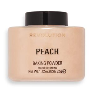 makeup revolution loose baking powder, make up setting powder, long lasting coverage, reduces shine, for medium to dark skin tones, peach, 32g