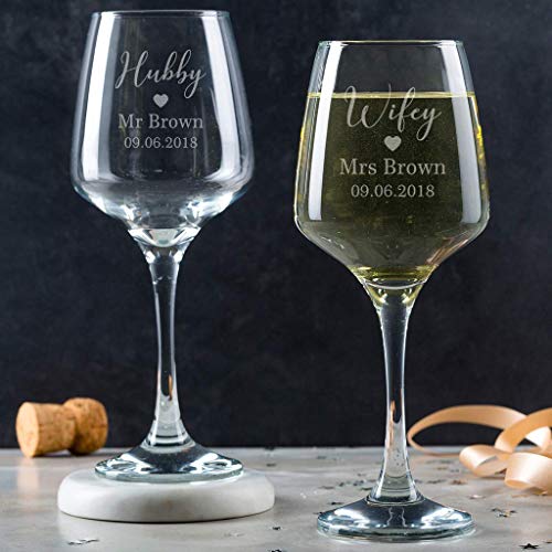 Hubby Wifey Wine Glasses for Bride Groom - Personalized Wedding Gifts for the Couple Newlyweds - Engraved toasting Goblet Pair Set of 2 with Stem