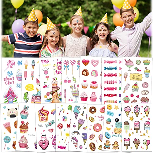 Konsait 176PCS Kids Temporary Tattoo, Fake Waterproof Tattoo Stickers For Children Girls Candy Lollipop Ice Cream Sweet Tattoos for Birthday Summer Beach Children's Day Gift Party Favors Supplies