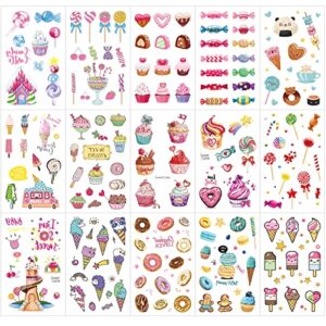 Konsait 176PCS Kids Temporary Tattoo, Fake Waterproof Tattoo Stickers For Children Girls Candy Lollipop Ice Cream Sweet Tattoos for Birthday Summer Beach Children's Day Gift Party Favors Supplies