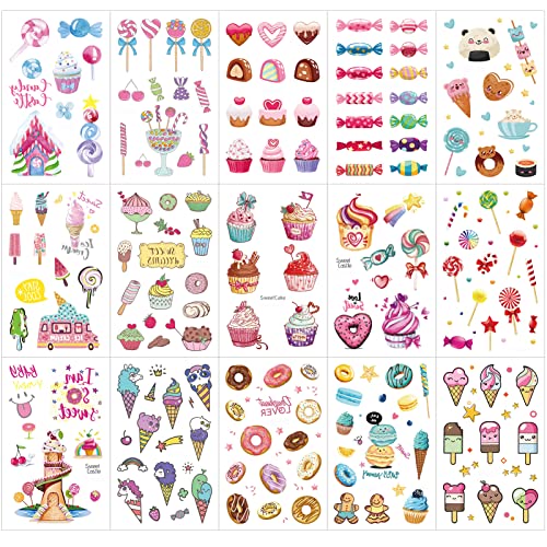 Konsait 176PCS Kids Temporary Tattoo, Fake Waterproof Tattoo Stickers For Children Girls Candy Lollipop Ice Cream Sweet Tattoos for Birthday Summer Beach Children's Day Gift Party Favors Supplies