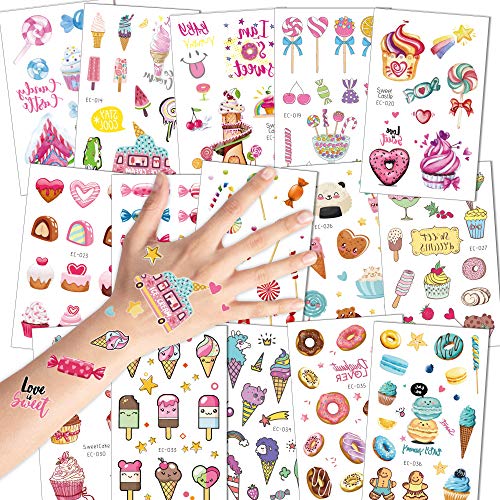 Konsait 176PCS Kids Temporary Tattoo, Fake Waterproof Tattoo Stickers For Children Girls Candy Lollipop Ice Cream Sweet Tattoos for Birthday Summer Beach Children's Day Gift Party Favors Supplies