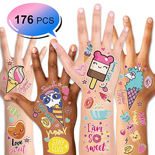 Konsait 176PCS Kids Temporary Tattoo, Fake Waterproof Tattoo Stickers For Children Girls Candy Lollipop Ice Cream Sweet Tattoos for Birthday Summer Beach Children's Day Gift Party Favors Supplies