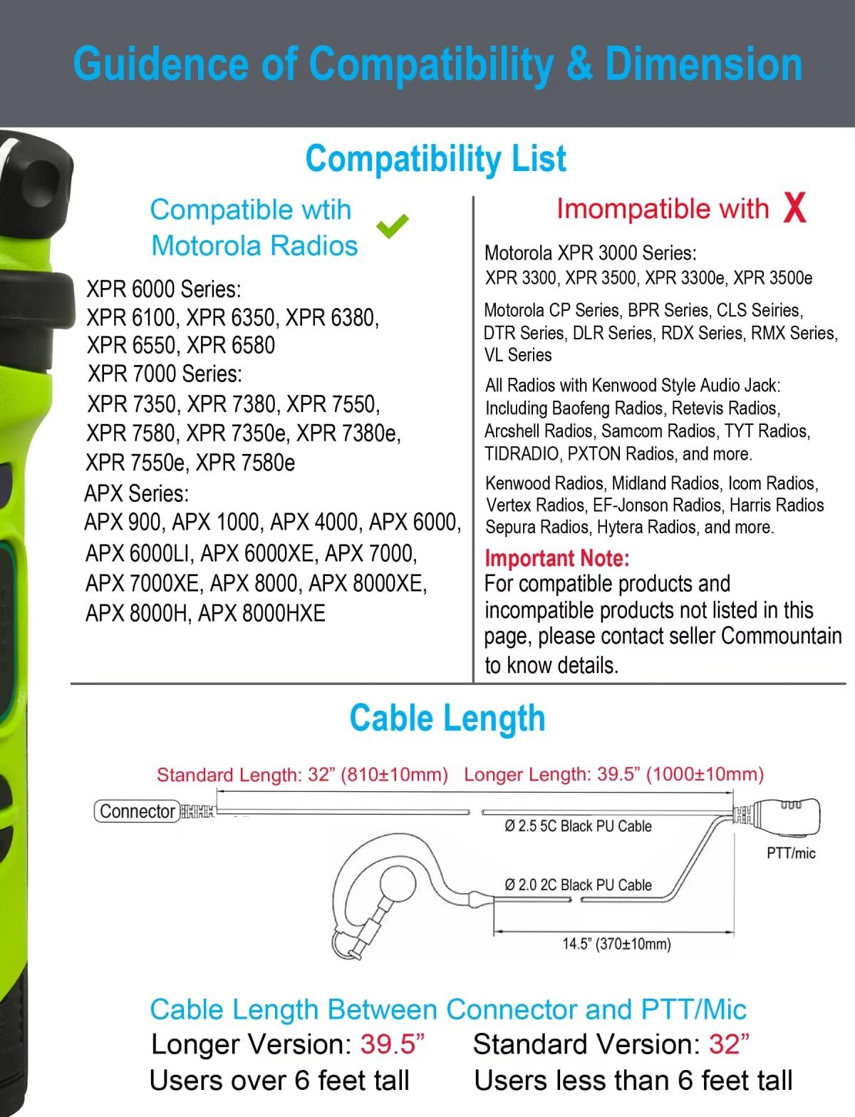 commountain APX 6000 XPR 7550e Earpiece with Mic Compatible for Motorola Radios APX 8000, APX 7000, APX 4000, XPR 7350e, XPR 7550, XPR 7580e, APX6000, APX8000, XPR7550, XPR7550e, Earhook Headset