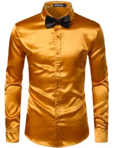 zeroyaa men's luxury shiny silk like satin button up dress shirts zlcl14-gold medium