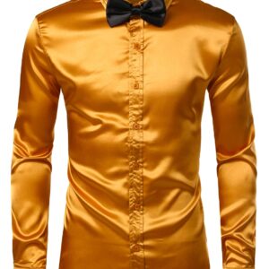 ZEROYAA Men's Luxury Shiny Silk Like Satin Button Up Dress Shirts ZLCL14-Gold Medium