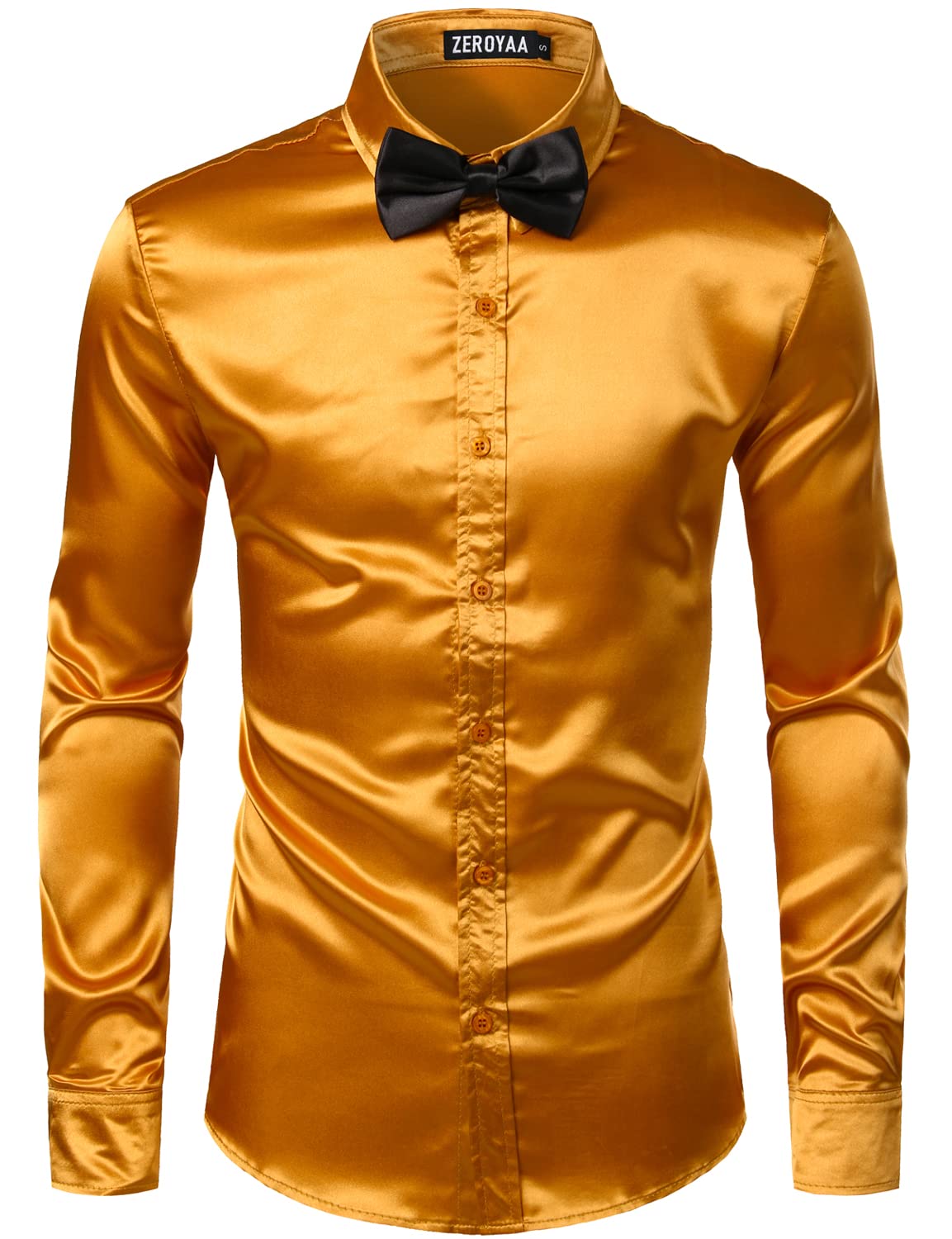 ZEROYAA Men's Luxury Shiny Silk Like Satin Button Up Dress Shirts ZLCL14-Gold Medium