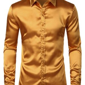 ZEROYAA Men's Luxury Shiny Silk Like Satin Button Up Dress Shirts ZLCL14-Gold Medium