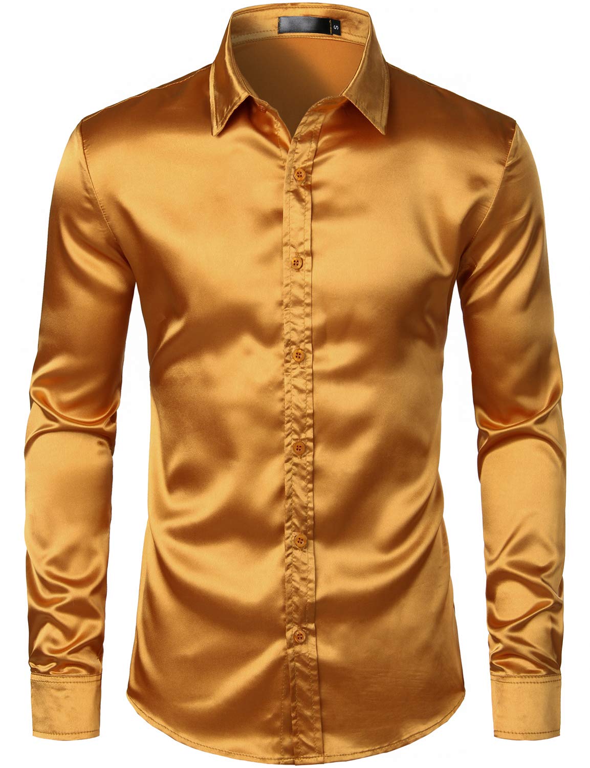 ZEROYAA Men's Luxury Shiny Silk Like Satin Button Up Dress Shirts ZLCL14-Gold Medium