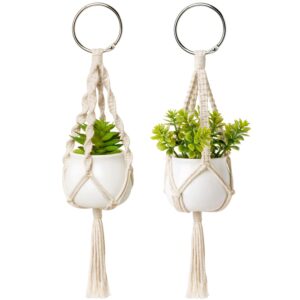 dahey mini macrame plant car accessories rear view mirrior charm cute hanging rearview car decor boho hanger with artificial succulent for plant lover, 2 pcs, 10.5 inch, white