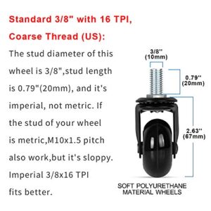 Caster Wheels 2'', Heavy Duty Soft PU Wheels with Threaded Stem 3/8''-16x1"(Not Metric M10), Quiet and Smooth Rolling, Safe for Hardwood Tile Carpet Floors, Set of 5