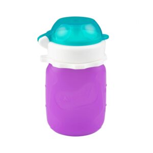 purple 3.5 oz squeasy snacker spill proof silicone reusable food pouch - for both soft foods and liquids - water, apple sauce, yogurt, smoothies, baby food - dishwasher safe