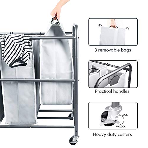 ROMOON Laundry Sorter, Laundry Hamper 3 Section with Heavy Duty Rolling Lockable Wheels, Laundry Basket Organizer with Removable Bags for Dirty Clothes Storage, Grey