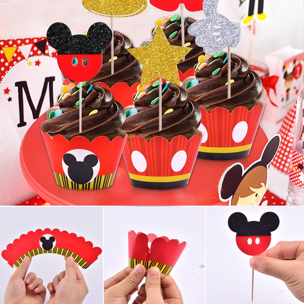 Mickey Cupcake Toppers Wrappers Kids Birthday Micky Party Supplies-25 Topper 25 Wrappers