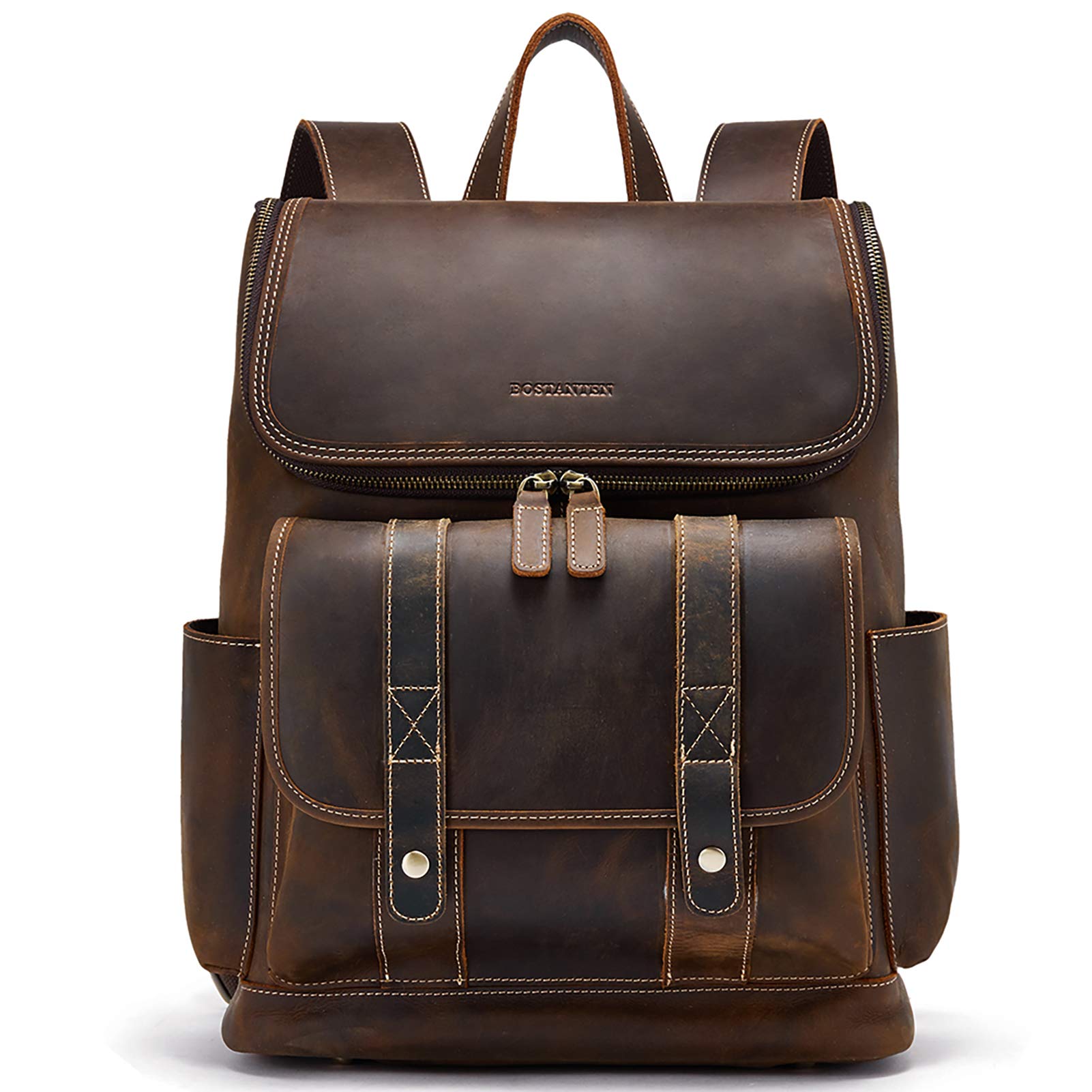 BOSTANTEN Leather Backpack for Men 15.6 inch Laptop Backpack Vintage Travel Office Bag Large Capacity Shoulder Bag Redbrown