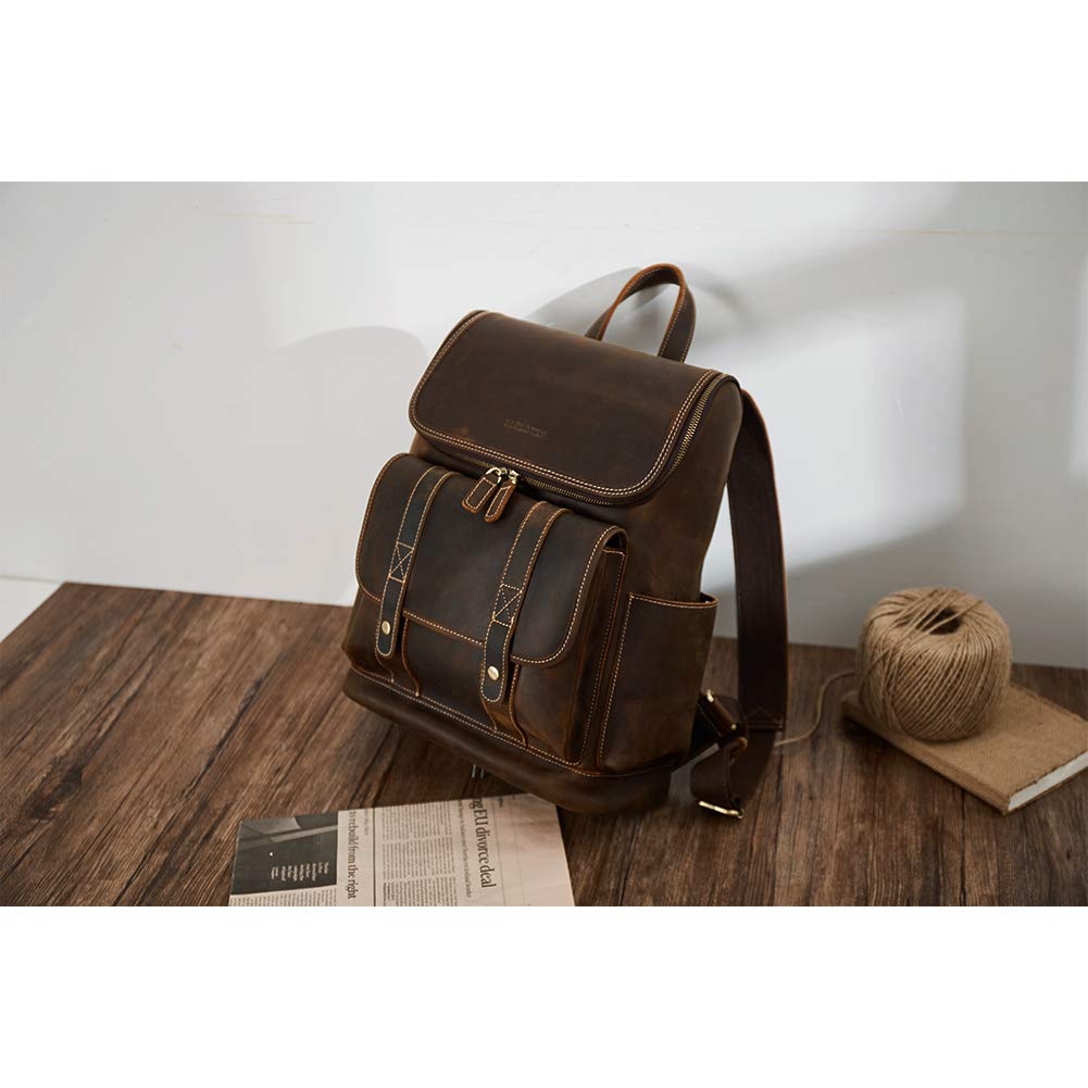 BOSTANTEN Leather Backpack for Men 15.6 inch Laptop Backpack Vintage Travel Office Bag Large Capacity Shoulder Bag Redbrown