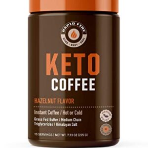 Rapid Fire Ketogenic Fair Trade Instant Keto Coffee Mix, Supports Energy, Metabolism Support, Grass Fed Butter, MCTs & Himalayan Salt, 15 servings, Hazelnut Flavor, 7.93 Ounce