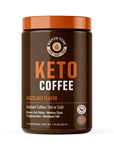 Rapid Fire Ketogenic Fair Trade Instant Keto Coffee Mix, Supports Energy, Metabolism Support, Grass Fed Butter, MCTs & Himalayan Salt, 15 servings, Hazelnut Flavor, 7.93 Ounce