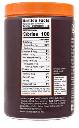 Rapid Fire Ketogenic Fair Trade Instant Keto Coffee Mix, Supports Energy, Metabolism Support, Grass Fed Butter, MCTs & Himalayan Salt, 15 servings, Hazelnut Flavor, 7.93 Ounce