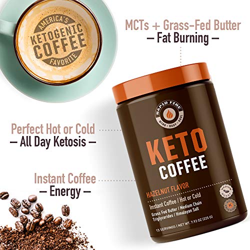 Rapid Fire Ketogenic Fair Trade Instant Keto Coffee Mix, Supports Energy, Metabolism Support, Grass Fed Butter, MCTs & Himalayan Salt, 15 servings, Hazelnut Flavor, 7.93 Ounce