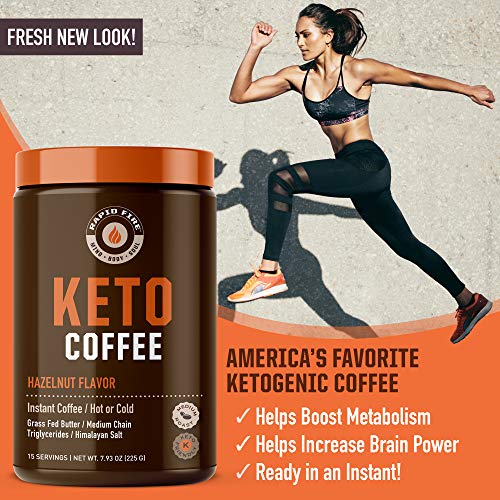 Rapid Fire Ketogenic Fair Trade Instant Keto Coffee Mix, Supports Energy, Metabolism Support, Grass Fed Butter, MCTs & Himalayan Salt, 15 servings, Hazelnut Flavor, 7.93 Ounce