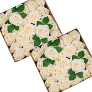 foraineam 50pcs artificial roses flower real looking foam rose fake flowers with stem & leaves for diy wedding bouquets centerpieces party home decorations (cream)