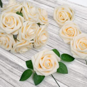 Foraineam 50pcs Artificial Roses Flower Real Looking Foam Rose Fake Flowers with Stem & Leaves for DIY Wedding Bouquets Centerpieces Party Home Decorations (Cream)