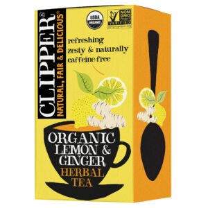 clipper tea, lemon & ginger, organic tea with ginger root and lemongrass, plant based herbal tea, caffeine-free british tea, 1 pack, 20 unbleached tea bags