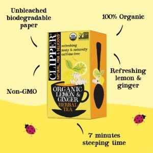 Clipper Tea, Lemon & Ginger, Organic Tea with Ginger Root and Lemongrass, Plant Based Herbal Tea, Caffeine-Free British Tea, 1 Pack, 20 Unbleached Tea Bags