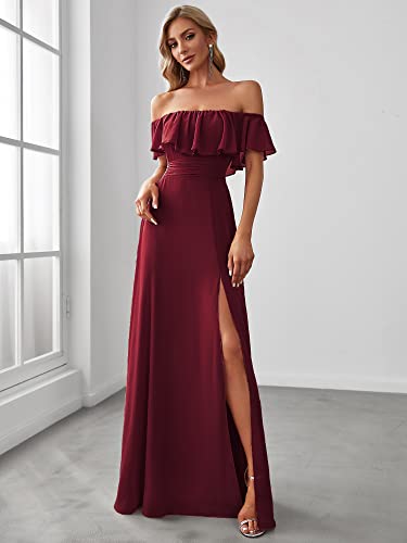 Ever-Pretty Women's Off The Shoulder Bridesmaid Dresses Side Split Beach Maxi Formal Dress Burgundy US16