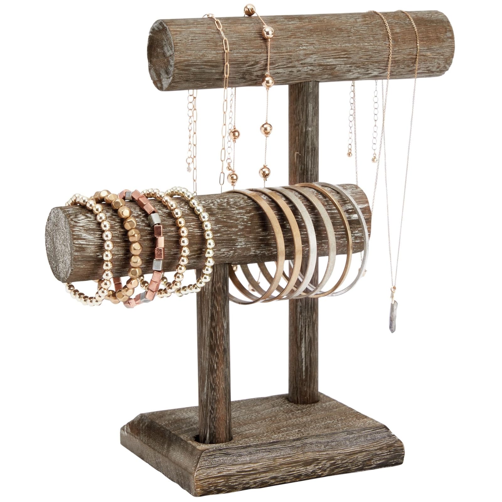 Bright Creations Rustic-Style 2-Tier Jewelry Organizer Stand, Wooden T-Bar Necklace Rack and Bracelet Holder Display for Selling, Bangle, Watch Tower, Rings, Earrings Storage (8x4x9 In)