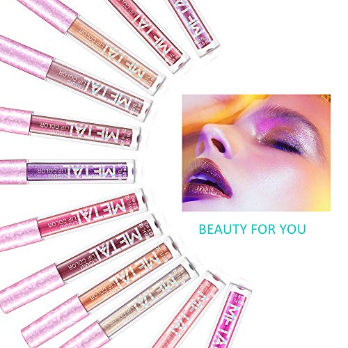 Glitter Shimmer Liquid Lipstick Set 12 Colors Shinning and Long Lasting Waterproof Colourful Lip Gloss Set (12 PCS)