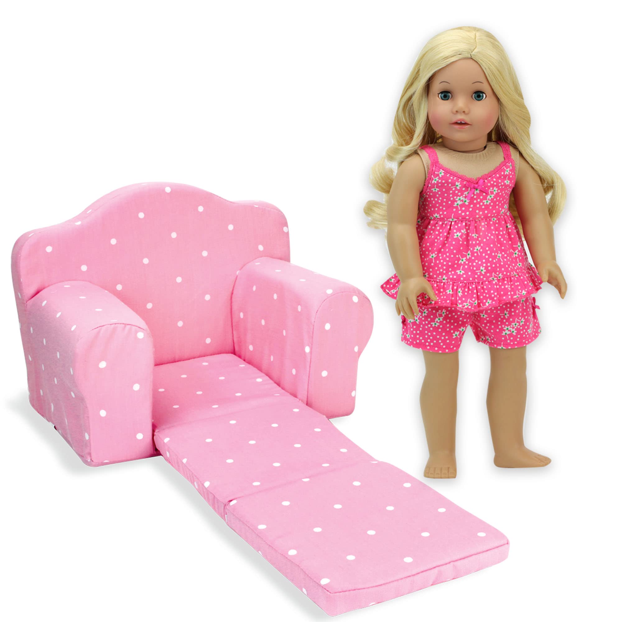 Sophia's 2-in-1 Plush Polka Dot Pull-Out Sleeper Chair Converts to Single Bed for 18'' Dolls, Light Pink
