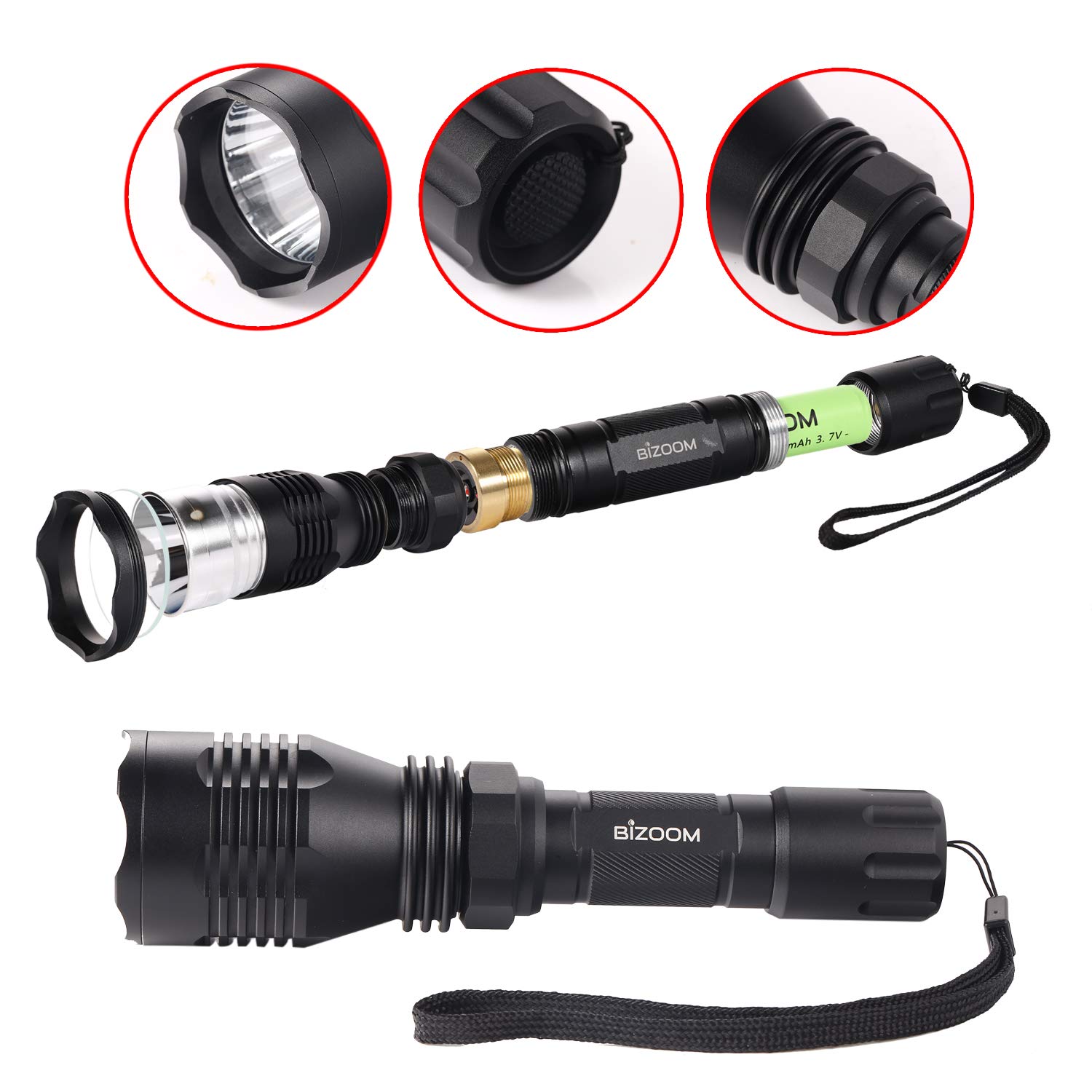 BIZOOM KL25 Hunting Light Flashlight, Long Range Red Green Varmint Light Kit for Predator Hog Fox Coyote, with Pressure Switch