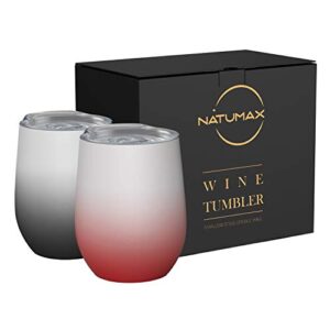 natumax wine tumblers with lid, 12 oz stainless steel stemless wine glasses double wall vacuum travel insulated cup for coffee, drinks, champagne, beverage, set of 2