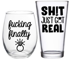 fucking finally™ & shit just got real™ - engagement, wedding gift - wine & beer glass set for couple