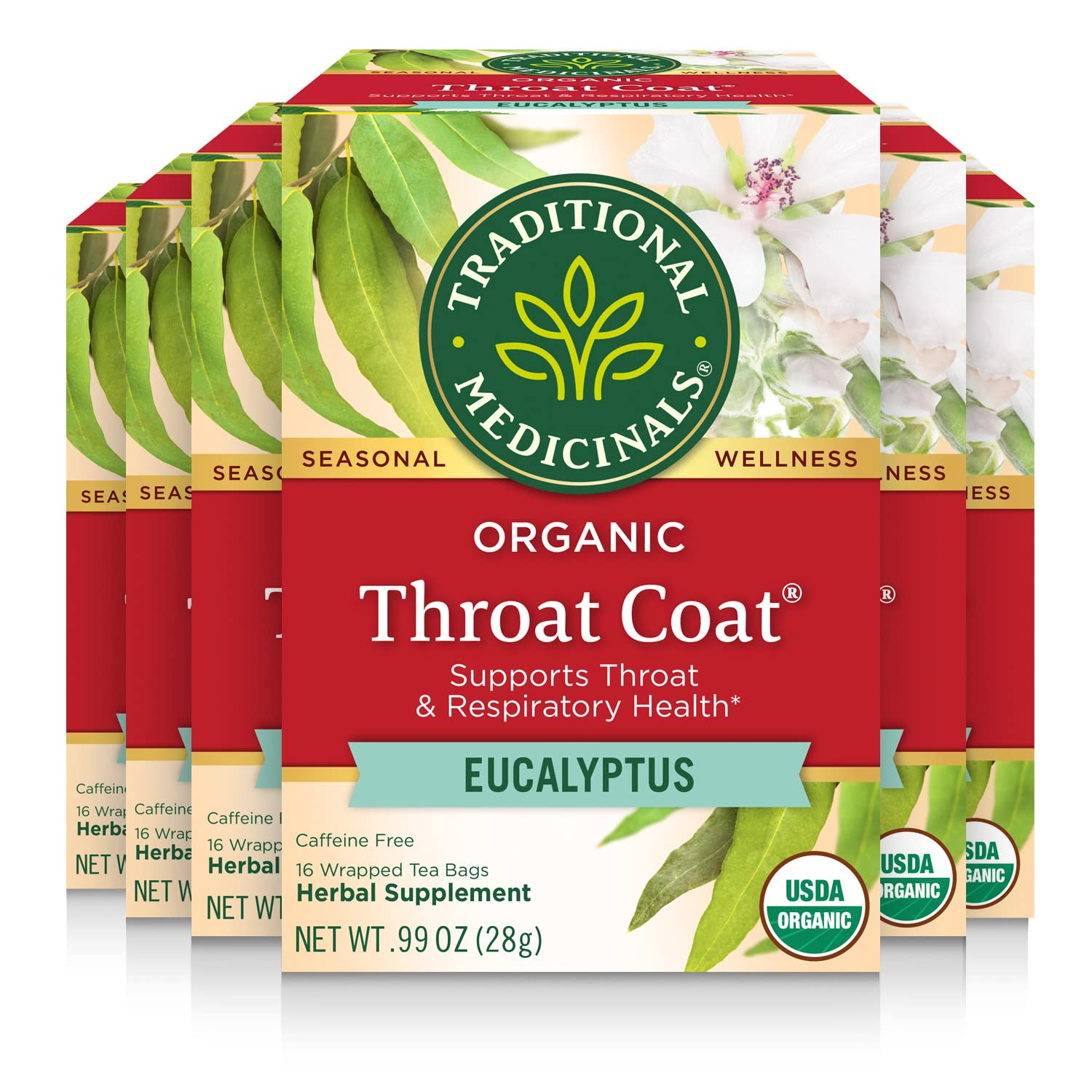 Traditional Medicinals Tea, Organic Throat Coat Eucalyptus, Throat and Respiratory Support, 96 Tea Bags (6 Pack)