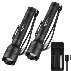 rechargeable flashlights, keenstone led flashlights 1500 high lumens, high powered tactical flashlight for emergencies, hiking, 5 modes, zoomable, ipx4 waterproof, 2 pack