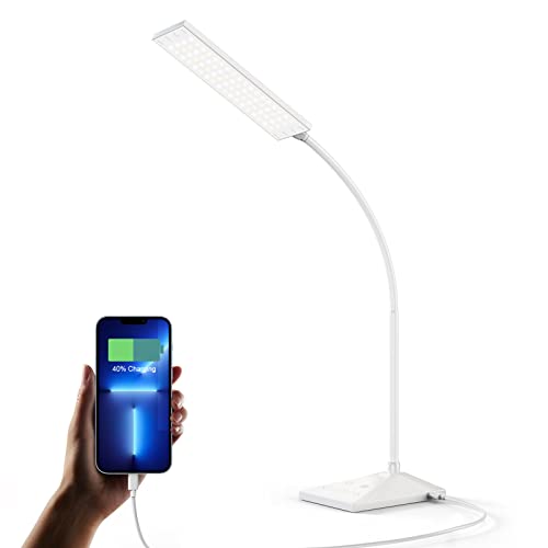 K&ZZ LED Desk Lamp, Dimmable LED Table Lamp, Eye-Caring Study Light with USB Charging Port, Office Light with 5 Lighting Modes 7 Brightness Levels, Touch-Sensitive Reading Light, White