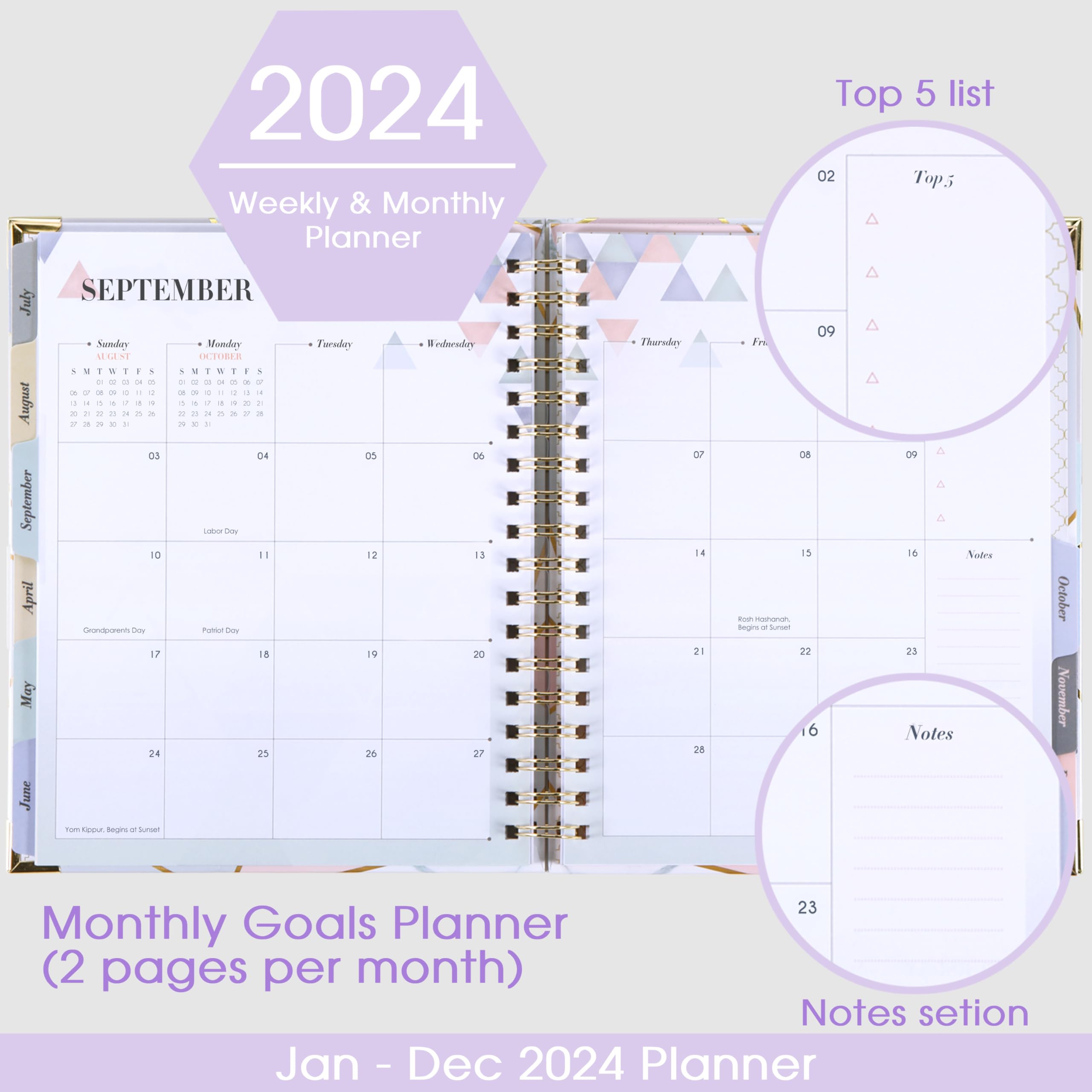 2024 Planner - Weekly & Monthly Planner 2024 with Tabs and Thick Paper, Jan 2024 - Dec 2024, Back Pocket with 15 Notes Pages + Gift Box - 8" x 10"