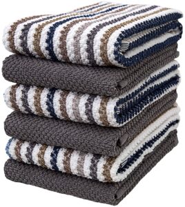 premium kitchen towels (16”x 26”, 6 pack) | large cotton kitchen hand towels | popcorn striped design | dish towels | 430 gsm highly absorbent tea towels set with hanging loop | gray