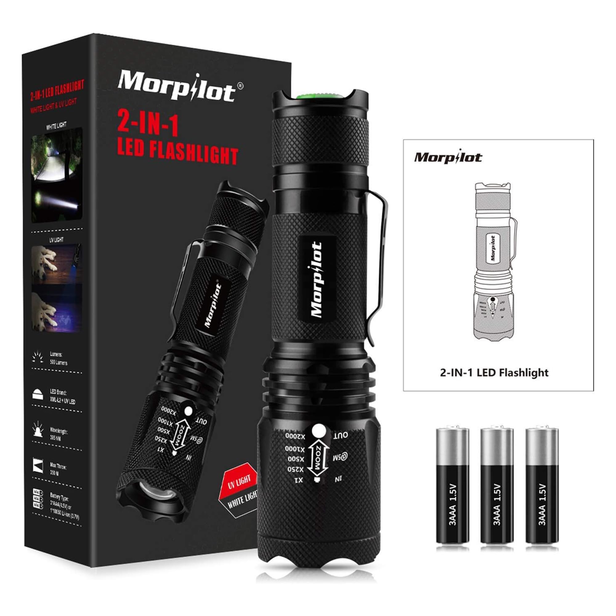 Morpilot Blacklight Flashlights, 2 in 1 LED UV Blacklight with 500LM Highlight, 4 Modes, 395nm Black Light Flashlight for Pet Urine/Scorpion Detection/Night Fishing/Travel/Camping, 2pcs