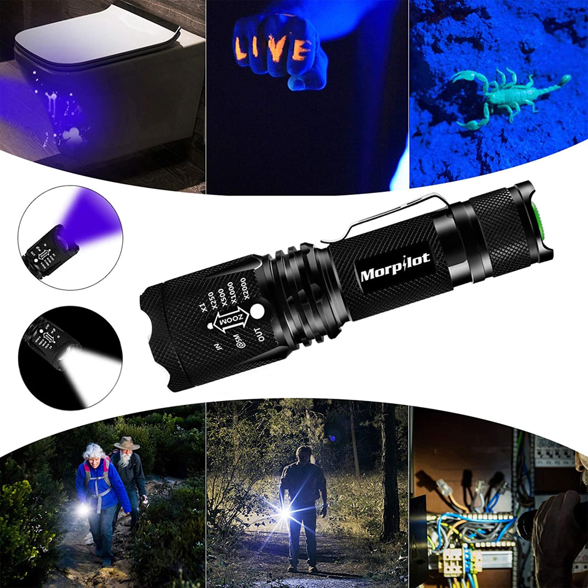 Morpilot Blacklight Flashlights, 2 in 1 LED UV Blacklight with 500LM Highlight, 4 Modes, 395nm Black Light Flashlight for Pet Urine/Scorpion Detection/Night Fishing/Travel/Camping, 2pcs